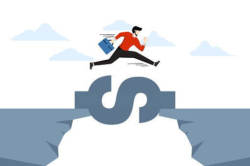 Money to save, supporting business to survive, businessman jumping over cliff gap with dollar sign bridge, financial assistance solution to get through crisis, budget or loan repayment concept.