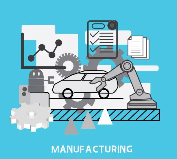 Vector illustration of Manufacturing, Production, large-scale manufacturing industry structure Automotive parts for producing cars or large structures