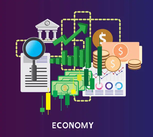 Vector illustration of Economy, business, money, investment and the economic system, using banks to borrow money in financial transactions. Financial contract documents and financial circulation systems