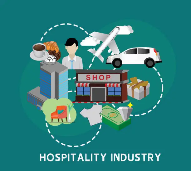 Vector illustration of The hospitality and tourism industry is a large sector. This industry sector includes: Hotels and Resorts Restaurant and Catering