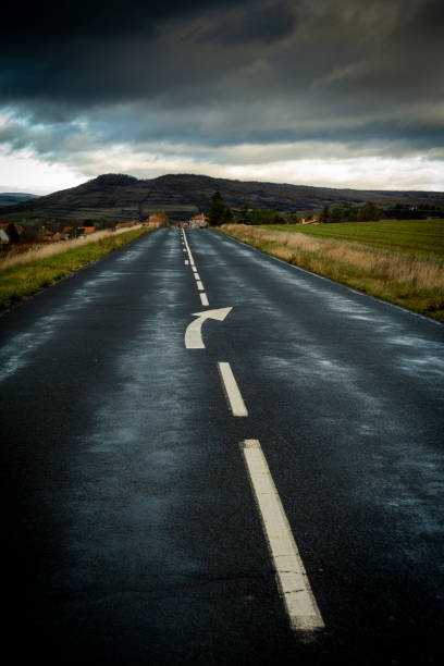 istock Empty road enveloped by trees under stormy, cloudy skies 1956707350
