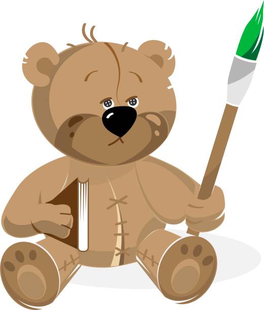 teddy bear Sad and tired teddy bear with the painting green brush and book. sad kawaii teddy bear stock illustrations