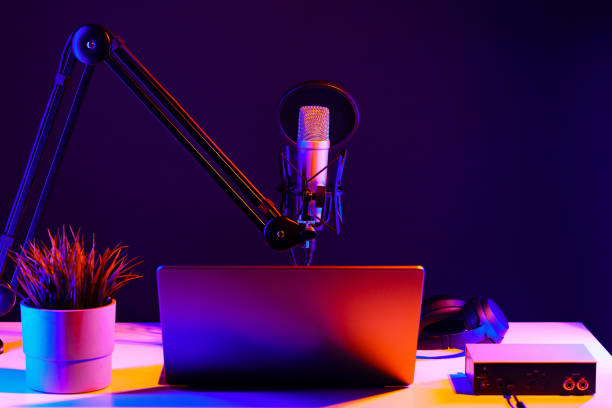 istock Professional microphone and laptop in recording studio 1956738573