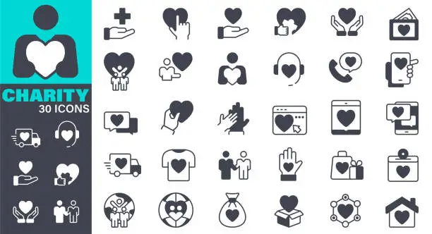 Vector illustration of Charity Icons set. Solid icon collection. Vector graphic elements, Icon Symbol, Assistance, Charitable Donation, Happy Family, Care, Helping Hand, Volunteer, Heart Shape, Donation Box, Fundraising