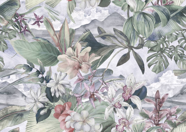 istock Tropical pattern with flowers and leaves on the background of a landscape with mountains and sky. Seamless wallpaper with tropical flowers and leaves 1956753074