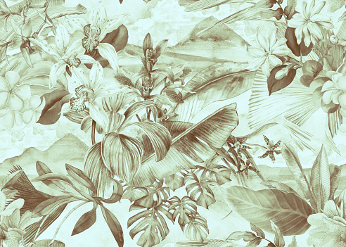 Tropical pattern with flowers and leaves on the background of a landscape with mountains and sky. Seamless wallpaper with tropical flowers and leaves