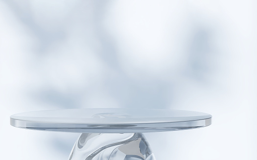 Transparent round ice counter table podium in dappled sunlight with white and blue background for luxury cosmetic, skincare, beauty, body care, treatment, fashion product display 3D