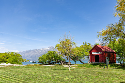 The famous old red boat shed on Lake Wakatipu at Glenorchy, New Zealand.