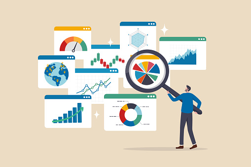 Analysis report research result, chart and diagram dashboard, financial graph statistics, analyze data, SEO or optimization concept, businessman with magnifying glass analyze research chart and graph.