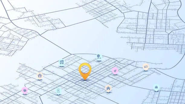 Vector illustration of Abstract navigation plan of urban area. Simple scheme of city with poi and markers on the map. Infrastructure marker. Vector, illustration, background