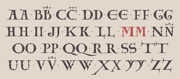 Upper-case lettering, the base for Lombardic capitals. Elegant classic serif font.