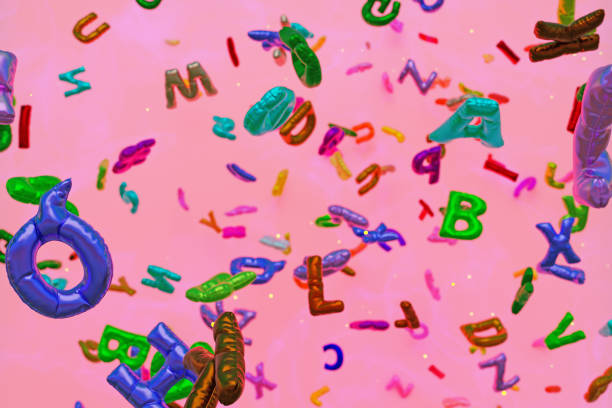 Bubble alphabet. Western alphabet letters, with numerals and symbols. Isolated on white. Each number made of small bubble-like spheres. Pink and sky blue.