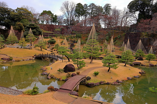Kanazawa, Japan - January 1st, 2024: Gyokuseninmaru Park a Historic Japanese garden in Marunouchi, Kanazawa, Ishikawa, Japan