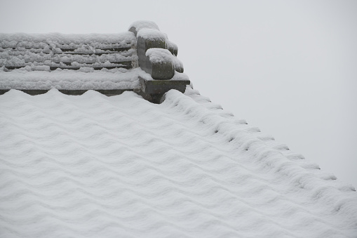 First snow falling on the tiled roofs of Japanese houses