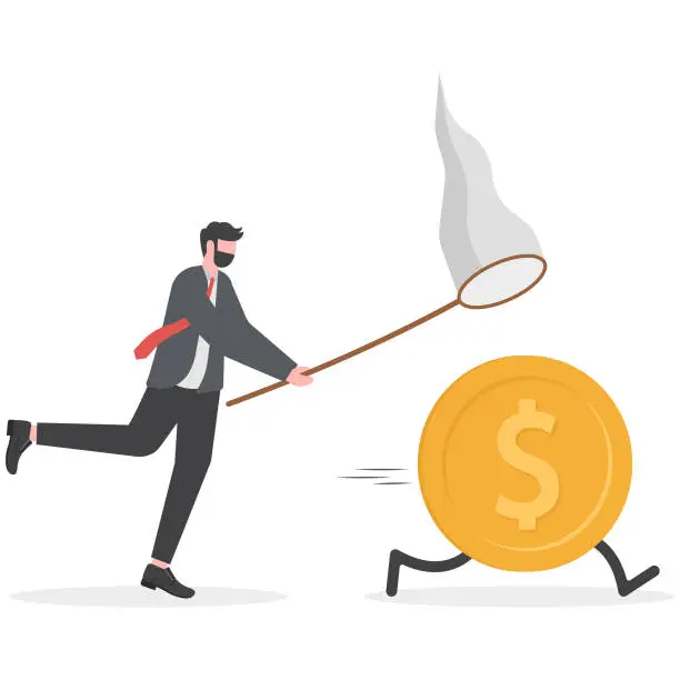 Vector illustration of Chasing high performance active mutual fund, buying rising star stock or funds, catch or grab hot ETFs concept, businessman investor run chasing try to catch high performance attractive dollar coin.