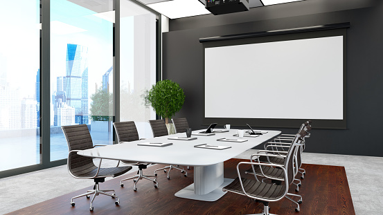 Conference Room with a Blank  Empty Screen. 3D Render