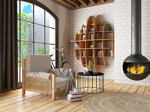 Cozy Reading Room with a Firplace and Books. 3D Render