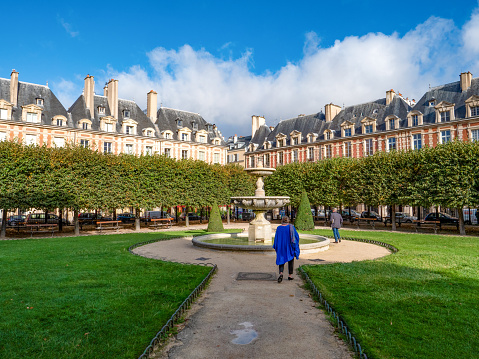 Paris, France, - September 29, 2021: View of a row of houses on the Place des Vosges in Paris.