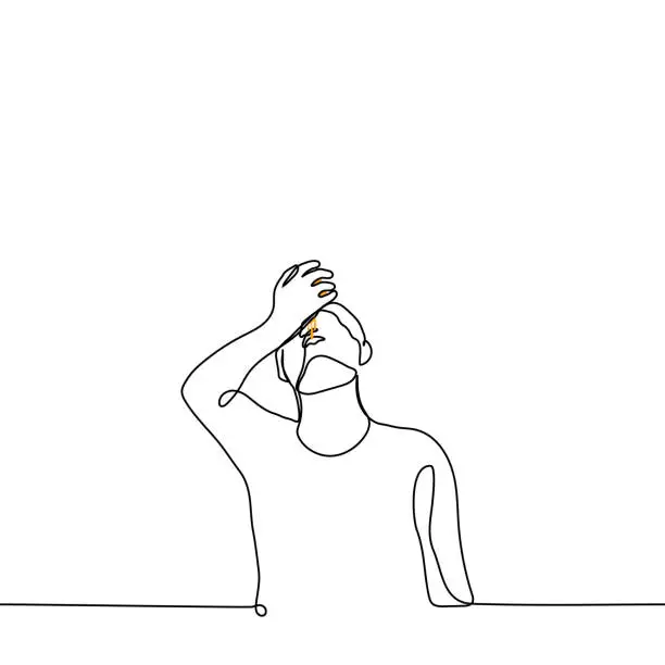 Vector illustration of man squeezes orange juice from an orange directly into his mouth - one line drawing vector. concept drink raw fresh juice