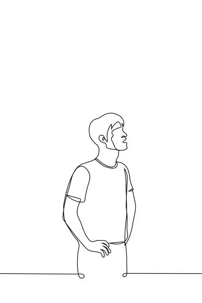 Vector illustration of man stands with hands on hips and watches something with his mouth open - one line drawing vector. concept of observation, do not take your eyes off the target, hold attention, peer into the distance