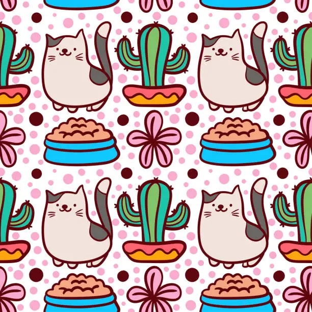 Vector illustration of Hand drawn cute cat cactus, food and flower cartoon seamless pattern