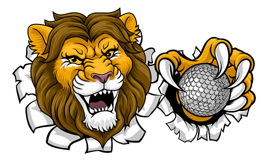 A lion with golf ball sports team cartoon animal mascot