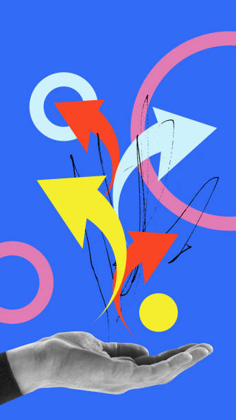istock Hand with three arrows, each pointing in a different direction. Choices and consequences. Different paths of possibilities. Contemporary art collage. 1956868361