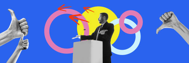 Advertisement for a debate or public speaking event, emphasizing diverse perspectives and audience reactions. Contemporary art collage.