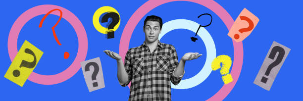 Educational poster for student making informed career choices. Man surrounded by question marks on blue background. Contemporary art collage.