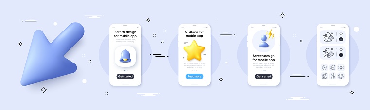 Vaccination announcement, Bromine mineral and Vitamin e line icons pack. Phone screen mockup with 3d cursor. Alert, star and placeholder. Vector