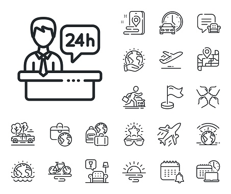24 hour help sign. Plane jet, travel map and baggage claim outline icons. Reception desk line icon. Hotel service symbol. Reception desk line sign. Car rental, taxi transport icon. Vector