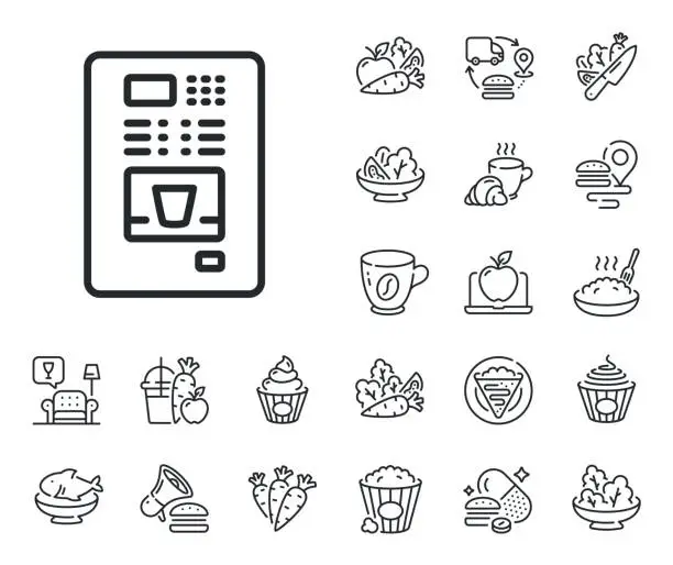 Vector illustration of Coffee vending machine line icon. Hot drink. Crepe, sweet popcorn and salad. Vector