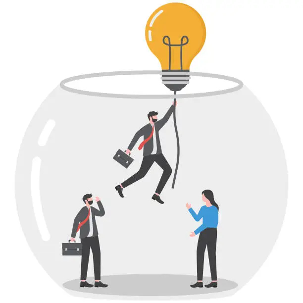 Vector illustration of Entrepreneurship escape from routine job, freedom idea to start new business, solution to solve problem concept, smart businessman entrepreneur flying with lightbulb idea balloon escape from fish tank