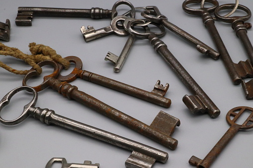 ancient keys of different shapes of old doors