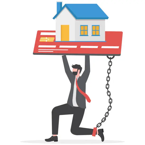 Vector illustration of businessman with foot chained to home credit card debt concept