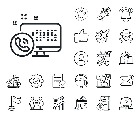 Phone support sign. Salaryman, gender equality and alert bell outline icons. Web call center service line icon. Feedback symbol. Web call line sign. Spy or profile placeholder icon. Vector