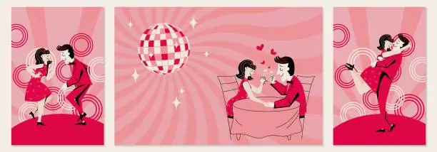 Vector illustration of Set of three postcards. A couple in love at a winding retro party. Template for invitation, banner, poster. Retro style. Minimalism.