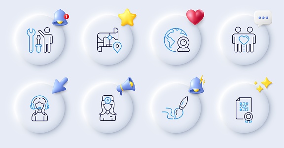 Video conference, Repairman and Map line icons. Buttons with 3d bell, chat speech, cursor. Pack of Brush, Friends couple, Support icon. Qr code, Oculist doctor pictogram. For web app, printing. Vector