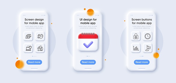 Milestone, Computer security and Energy price line icons pack. 3d phone mockups with calendar. Glass smartphone screen. Diagram graph, Outsource work, Hearing web icon. Vector