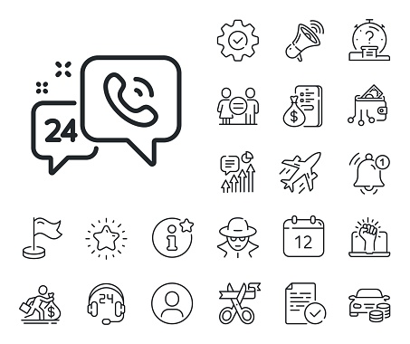 Call support sign. Salaryman, gender equality and alert bell outline icons. 24 hour service line icon. Feedback chat symbol. 24h service line sign. Spy or profile placeholder icon. Vector