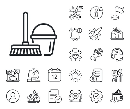 Washing Housekeeping equipment sign. Salaryman, gender equality and alert bell outline icons. Cleaning bucket with mop line icon. Bucket with mop line sign. Spy or profile placeholder icon. Vector