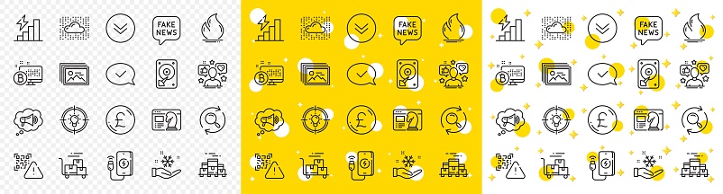 Outline Idea, Consumption growth and Boxes pallet line icons pack for web with Image gallery, Search, Fake news line icon. Cloud system, Delivery cart, Bitcoin system pictogram icon. Vector
