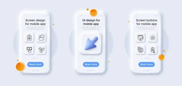 Vector illustration of Payment click, Wallet and Tickets line icons pack. For web app. 3d phone mockups. Vector