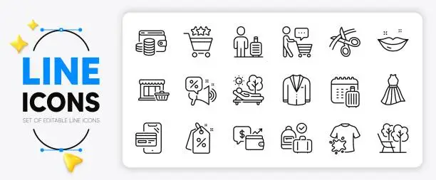 Vector illustration of Dirty t-shirt, Lips and Wallet line icons. For web app. Vector