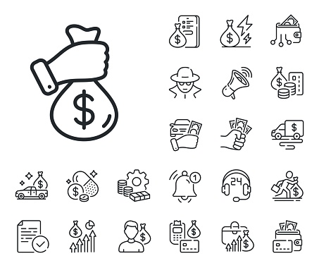 Money fraud crime sign. Cash money, loan and mortgage outline icons. Bribe line icon. Cash scam symbol. Bribe line sign. Credit card, crypto wallet icon. Inflation, job salary. Vector