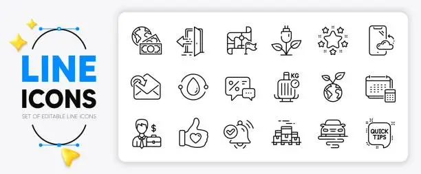 Vector illustration of Global business, Cold-pressed oil and Destination flag line icons. For web app. Vector