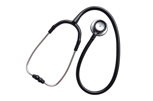 Horizontal photograph of Cut out of one black and silver coloured stethoscope isolated over white background. There is no people, no text and ample copy space.