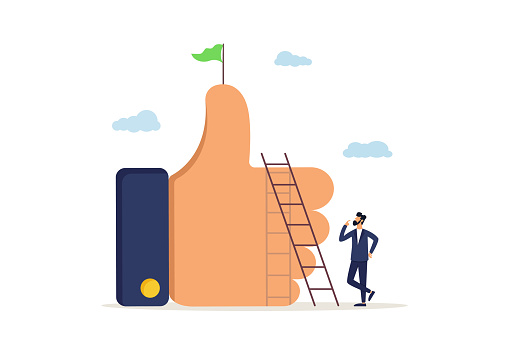 Businessman about to climb up ladder to reach thumb up achievement. Success journey to get positive feedback, high performance evaluation or review, good job.
