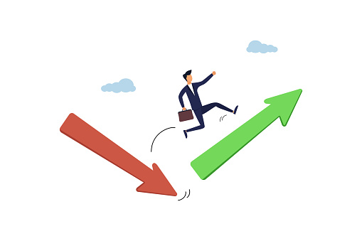 Businessman investor jumping from red to rising up arrow. Economic and investment improvement or recover from crisis, stock market or crypto uncertainty.