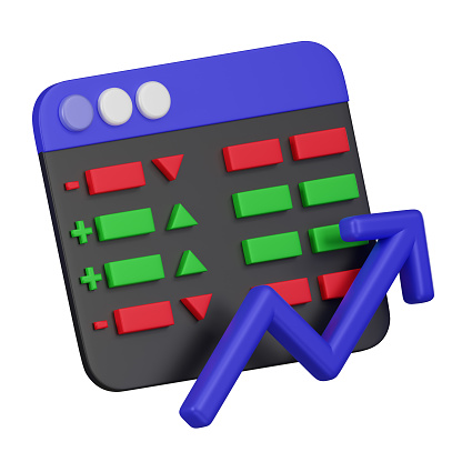 A 3D icon featuring a stock ticker with an upward trend arrow, green and red buttons, symbolizing stock market tracking and analysis.